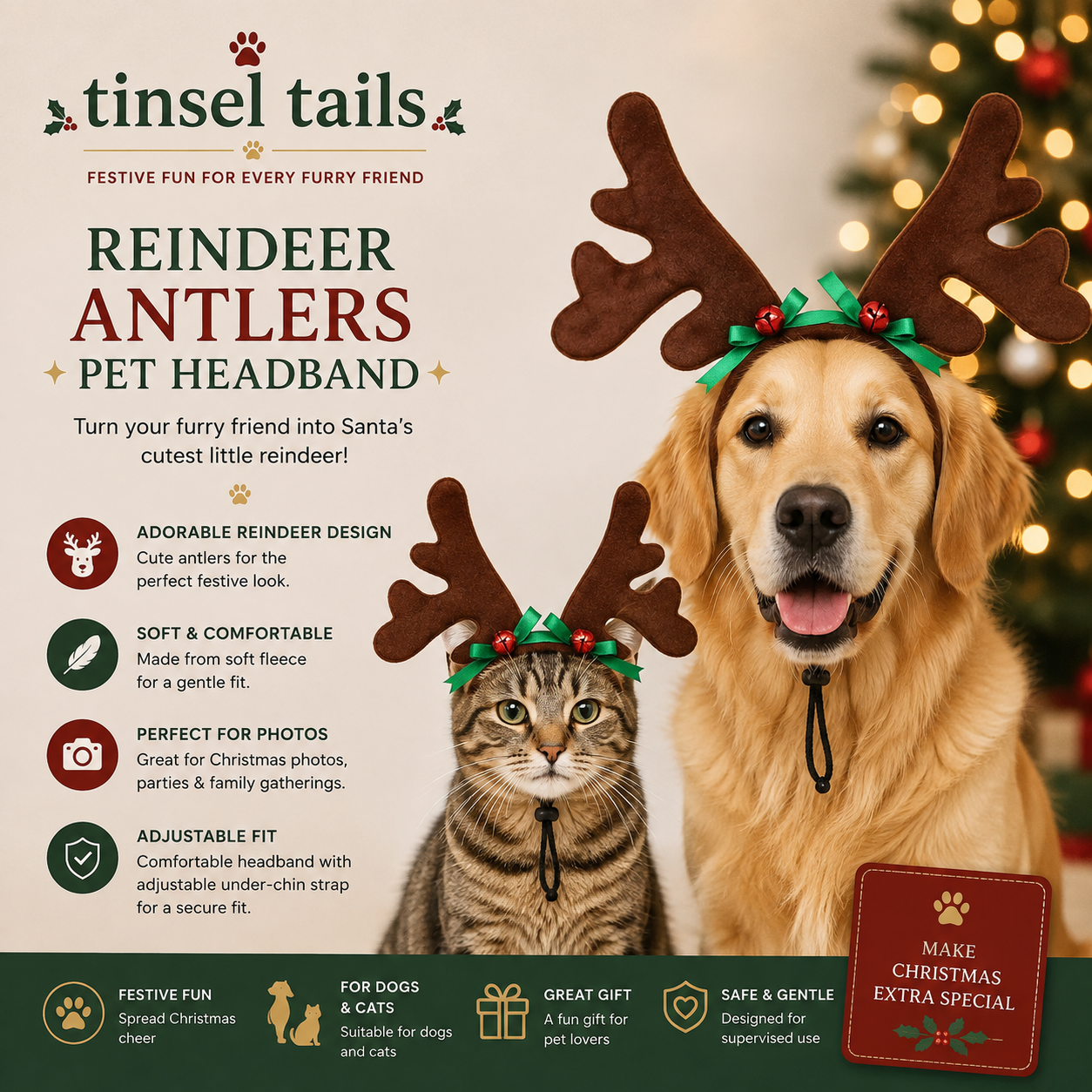 Christmas Reindeer Antlers Pet Headband