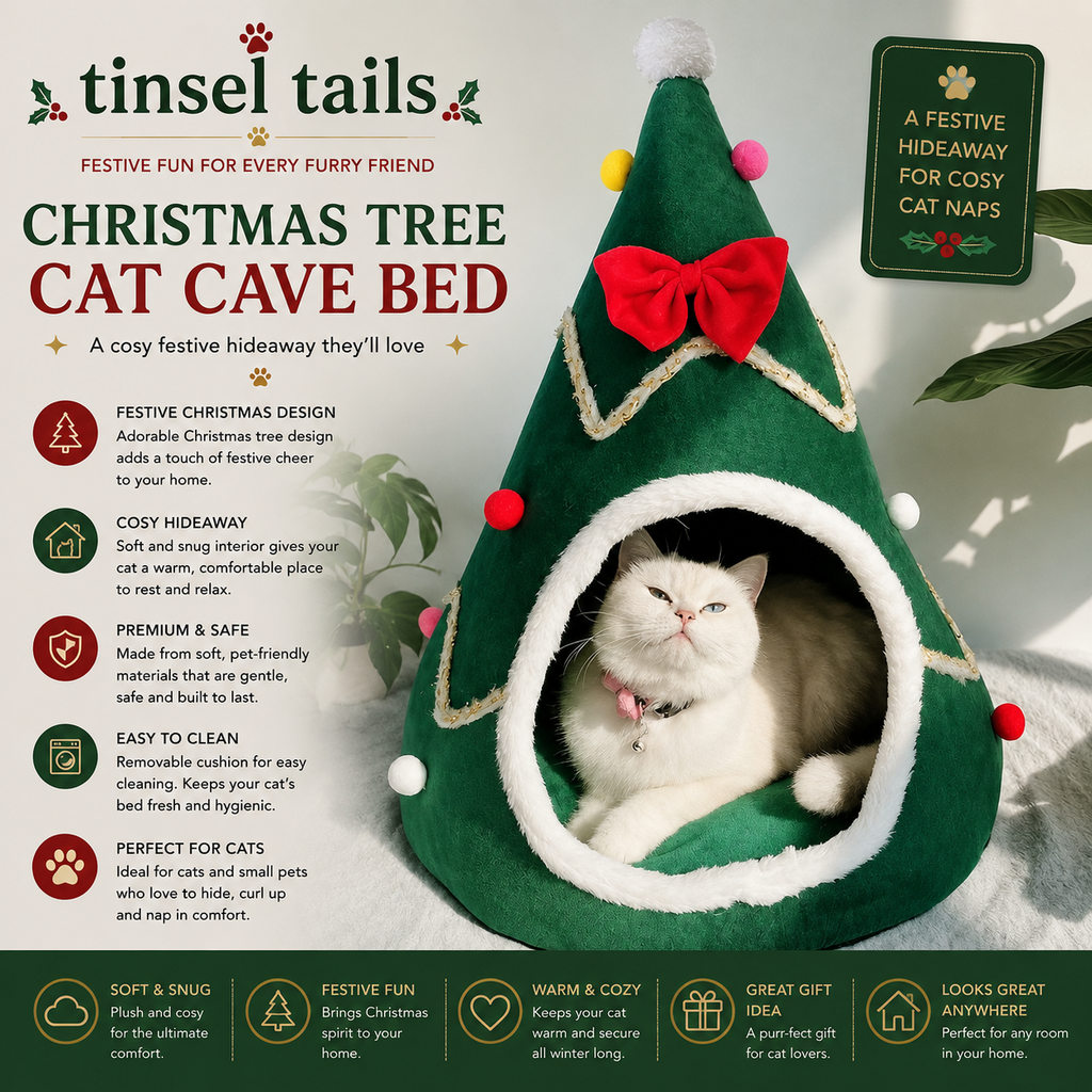 A fluffy white cat sits inside a green Christmas tree-shaped cat cave bed with a red bow