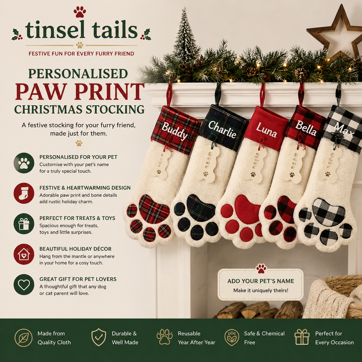 Personalised Paw Print Christmas Stocking