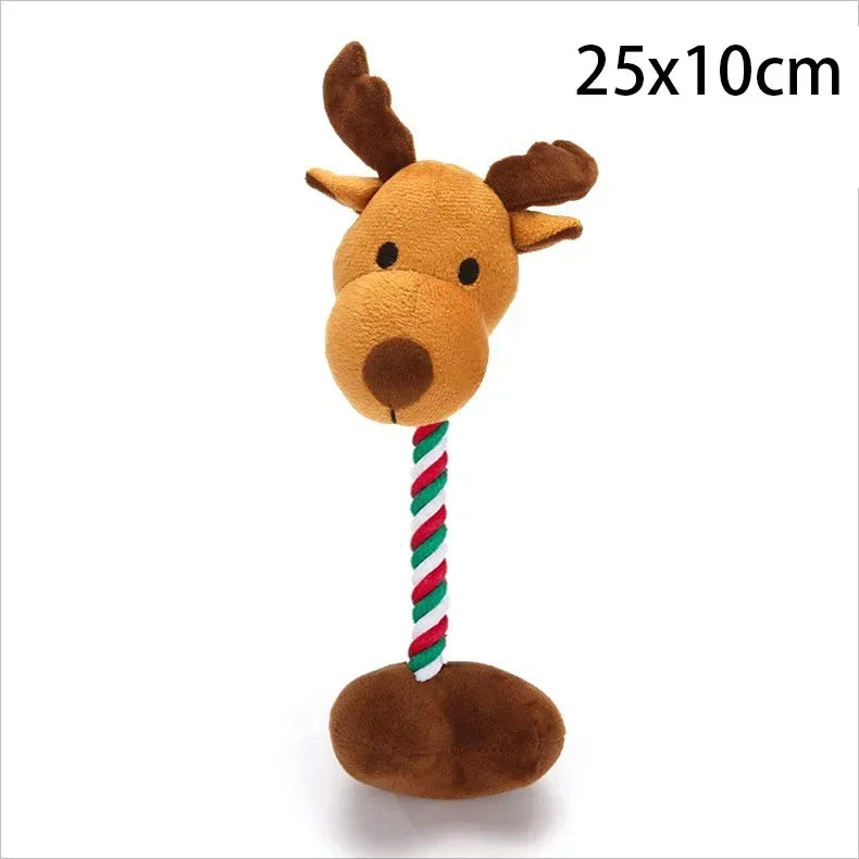 A plush reindeer toy with a brown body, brown antlers, and a red, green, and white striped handle