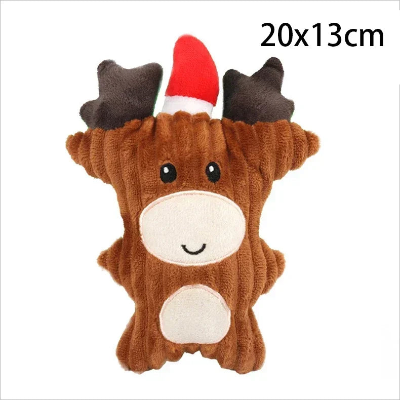 A brown plush reindeer toy with dark brown antlers, a red and white Santa hat, and cream-colored snout and belly patches,