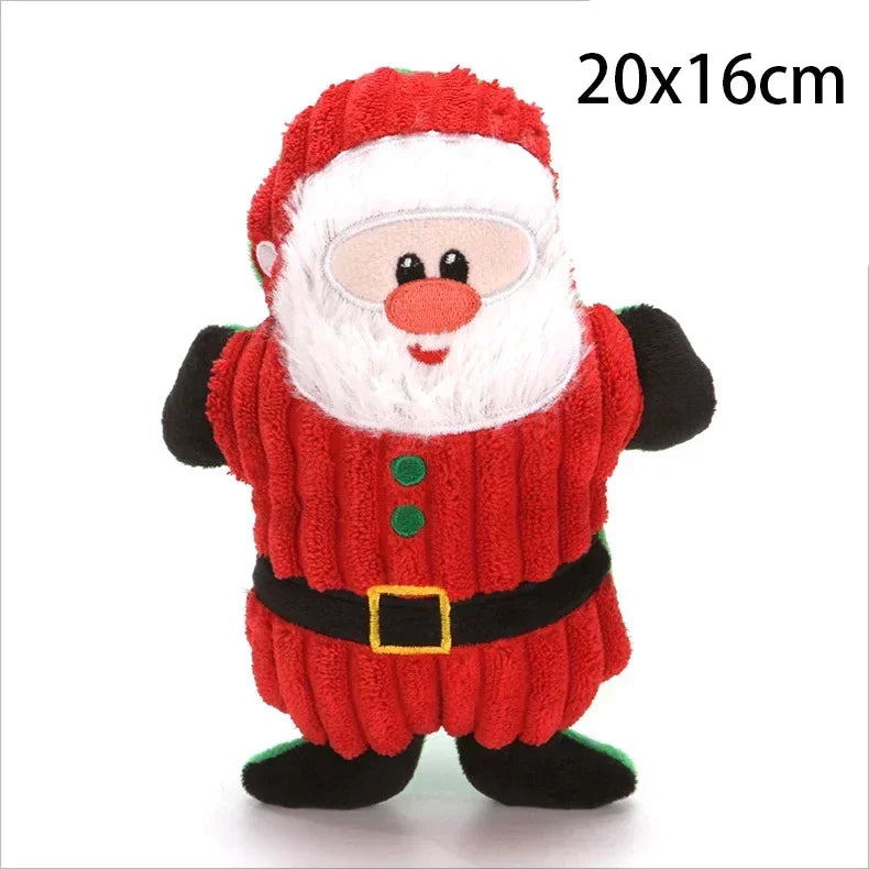 A plush Santa Claus toy with a red textured sweater, white beard, black boots and belt, and green buttons