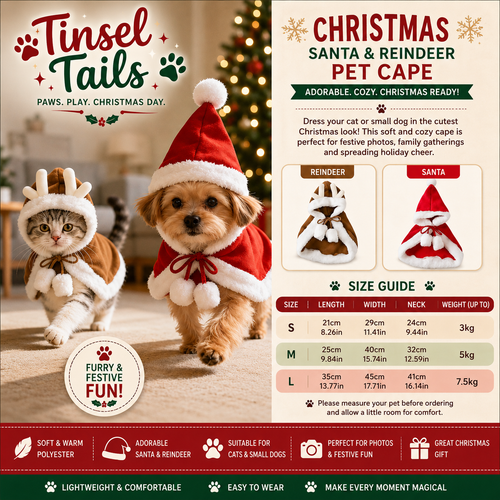 insel Tails Christmas Santa & Reindeer Pet Cape, showing a small dog and a cat wearing the soft red and white holiday capes with Santa hats, alongside size charts,